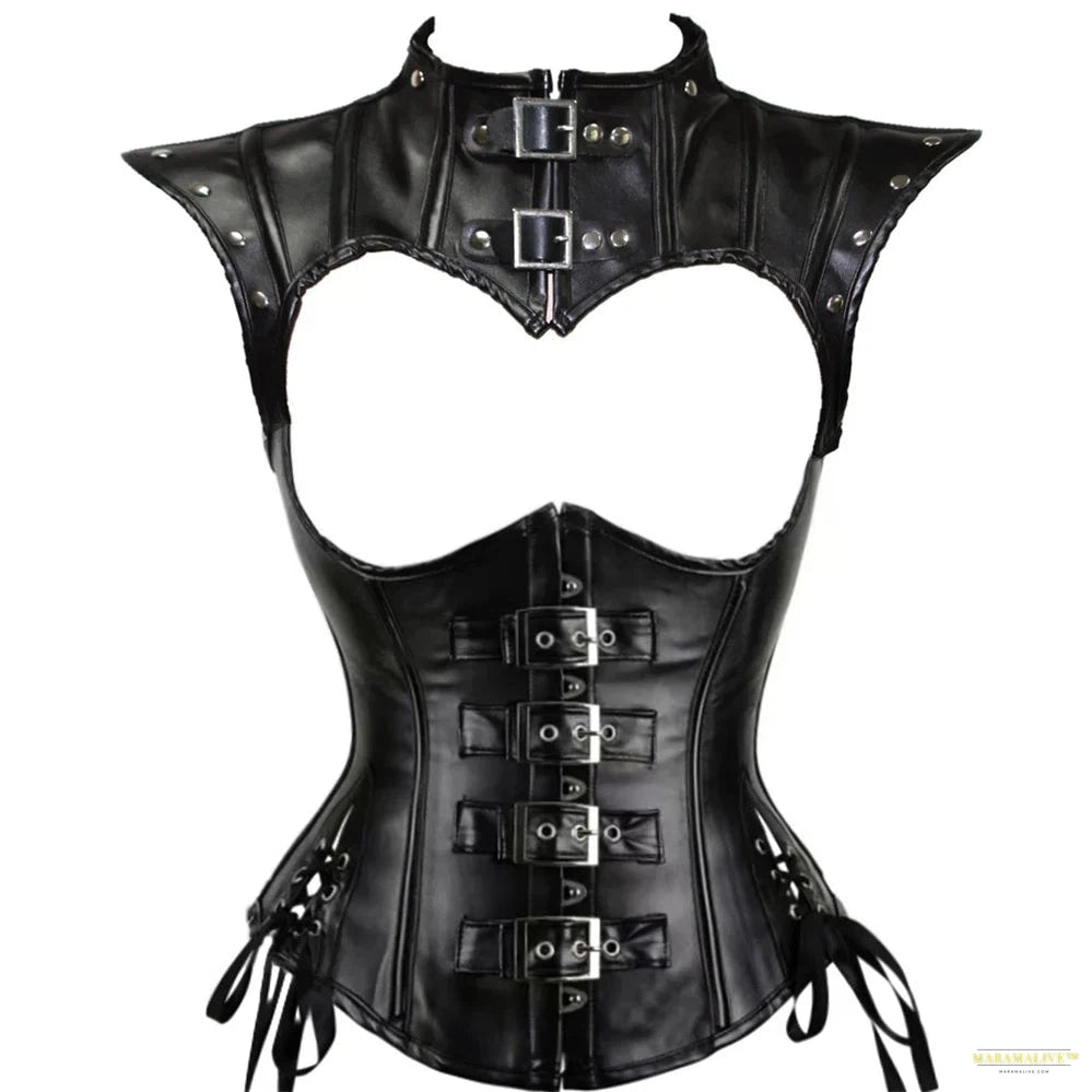 Maramalive™ Women Faux Leather Steampunk Overbust Corset Set Medieval Renaissance Gothic Shoulder Tops Outfits Waist Training Corselet Vest