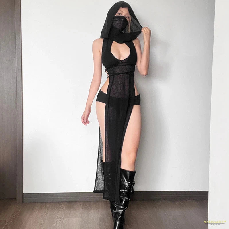 Maramalive™ Women Gothic 2024 Black Hooded Knitted High Split Long Dress Hollow Sexy See-through Straight Dress Festival Rave Club Wear