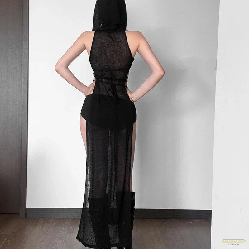 Maramalive™ Women Gothic 2024 Black Hooded Knitted High Split Long Dress Hollow Sexy See-through Straight Dress Festival Rave Club Wear