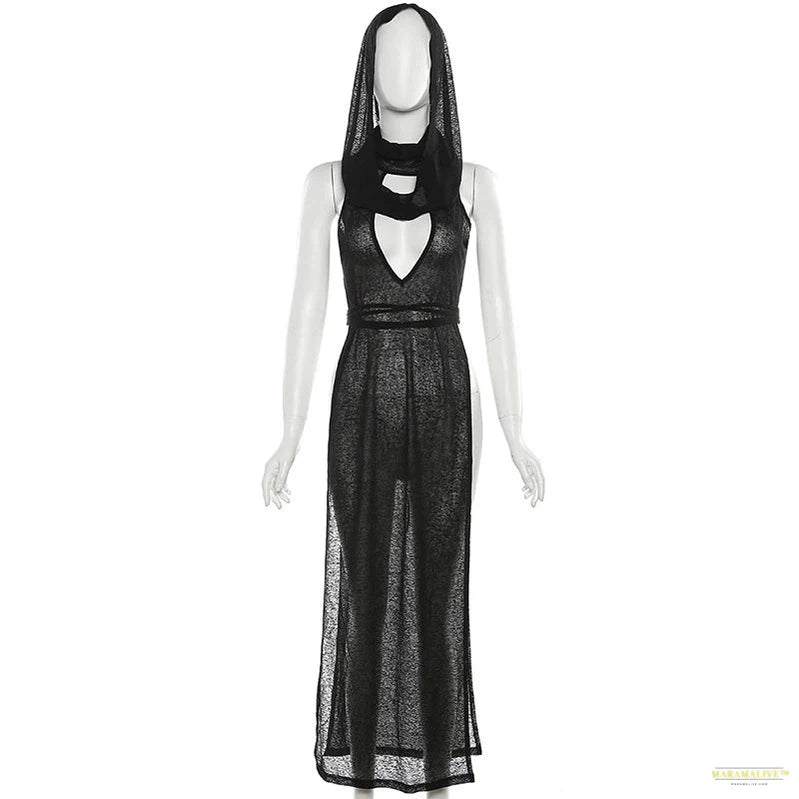 Maramalive™ Women Gothic 2024 Black Hooded Knitted High Split Long Dress Hollow Sexy See-through Straight Dress Festival Rave Club Wear