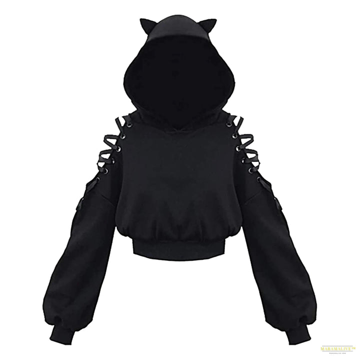 Maramalive™ Women Hoodies Gothic Punk Iron Ring Sweatshirts Autumn Winter Long Sleeve Zip-up Black Jacket Zipper Ladies Coat