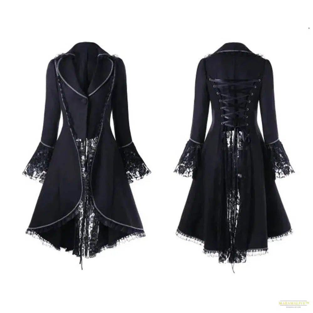 Maramalive™ Women Lace Trim Lace-up High Low Coat Black Steampunk Victorian Style Gothic Jacket Medieval Noble Court Dress