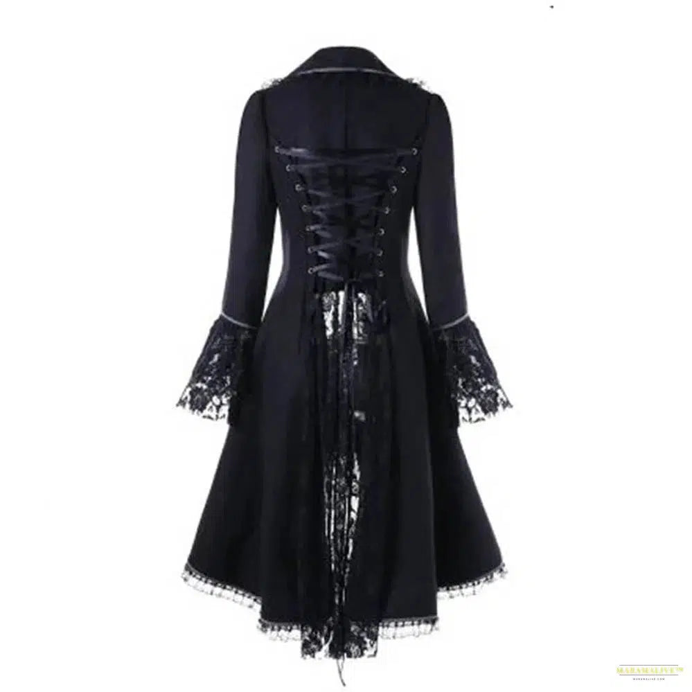 Maramalive™ Women Lace Trim Lace-up High Low Coat Black Steampunk Victorian Style Gothic Jacket Medieval Noble Court Dress