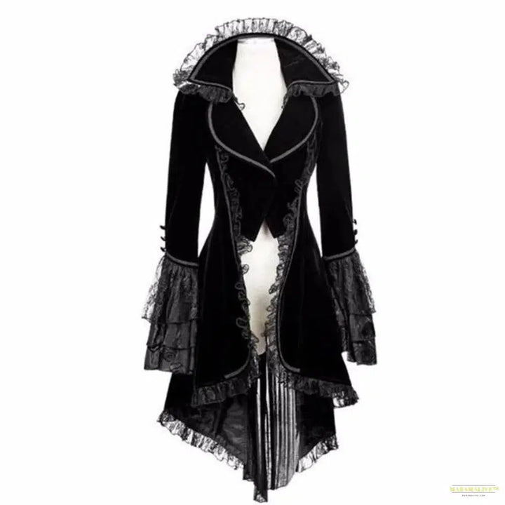 Maramalive™ Women Lace Trim Lace-up High Low Coat Black Steampunk Victorian Style Gothic Jacket Medieval Noble Court Dress