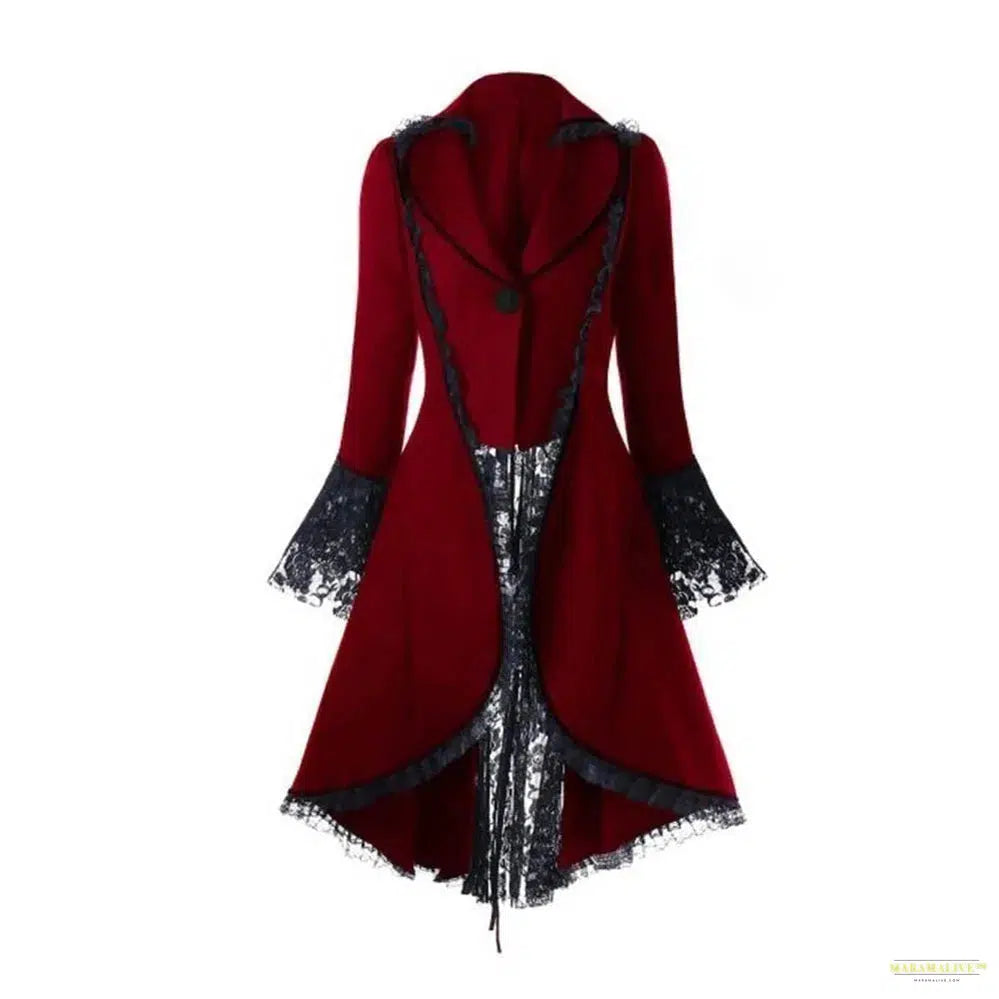 Maramalive™ Women Lace Trim Lace-up High Low Coat Black Steampunk Victorian Style Gothic Jacket Medieval Noble Court Dress