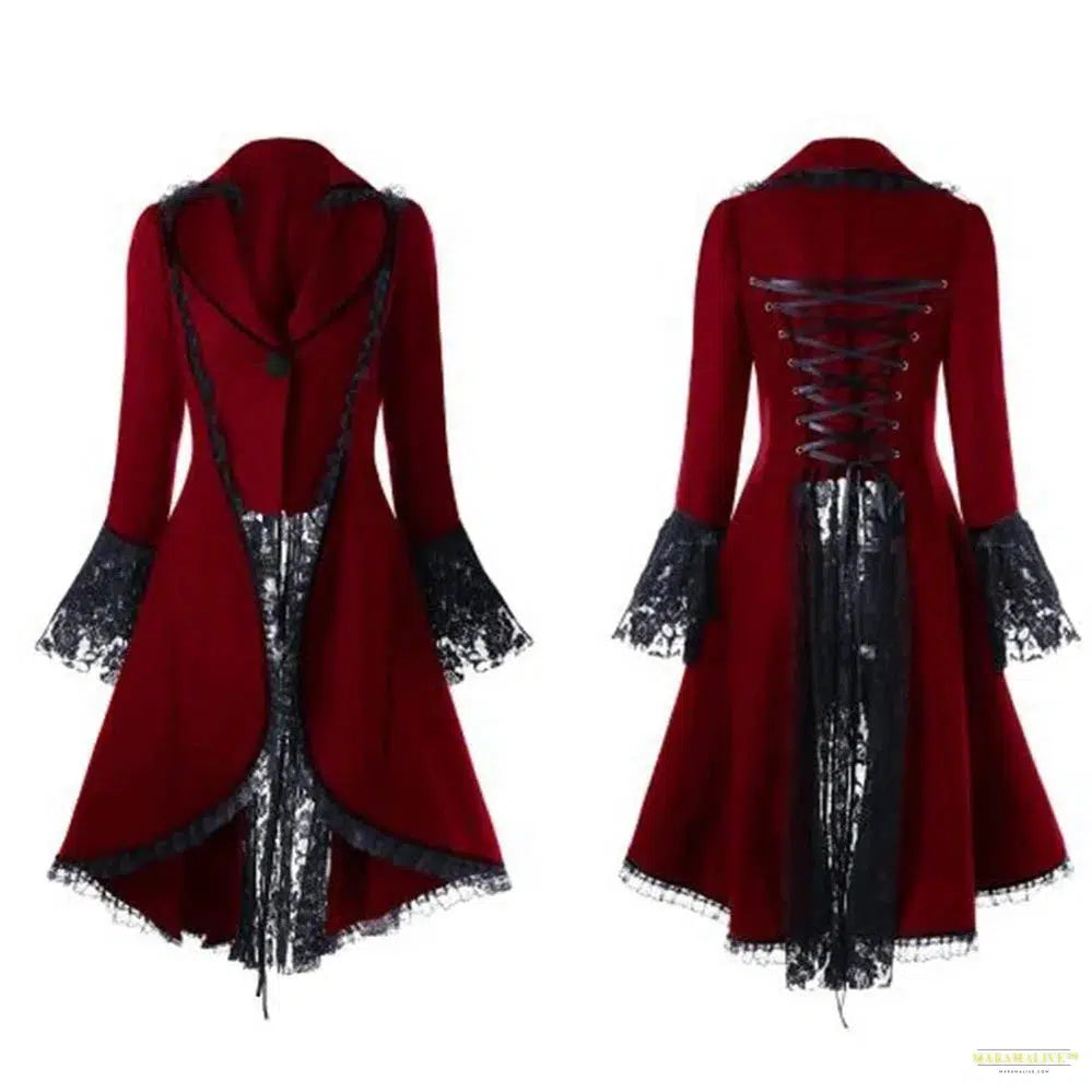 Maramalive™ Women Lace Trim Lace-up High Low Coat Black Steampunk Victorian Style Gothic Jacket Medieval Noble Court Dress