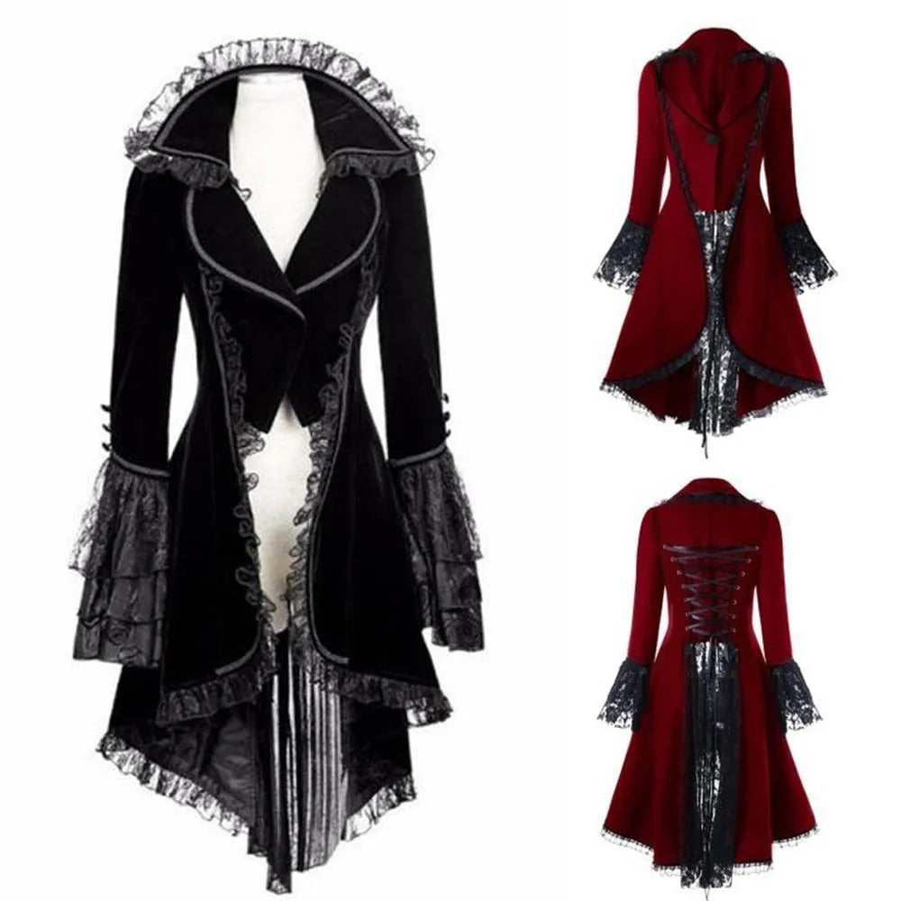 Maramalive™ Women Lace Trim Lace-up High Low Coat Black Steampunk Victorian Style Gothic Jacket Medieval Noble Court Dress