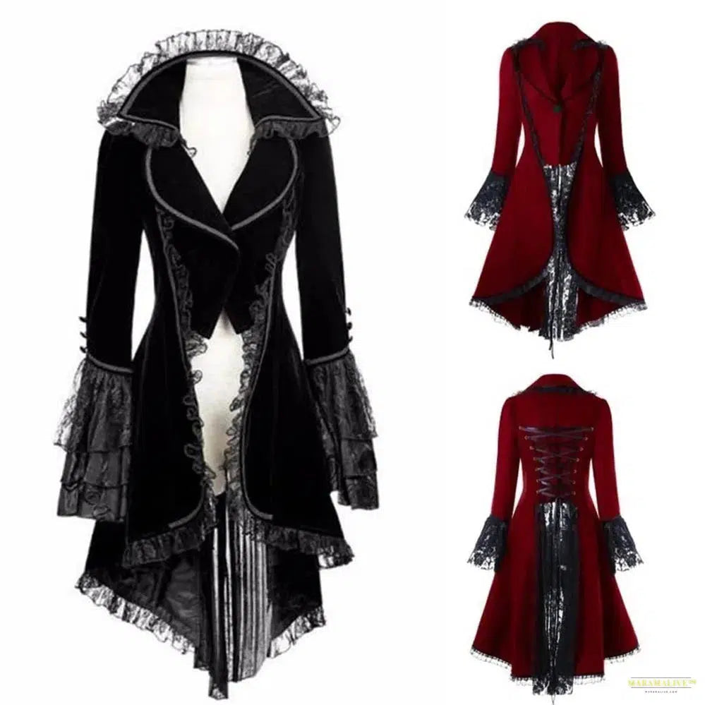 Maramalive™ Women Lace Trim Lace-up High Low Coat Black Steampunk Victorian Style Gothic Jacket Medieval Noble Court Dress