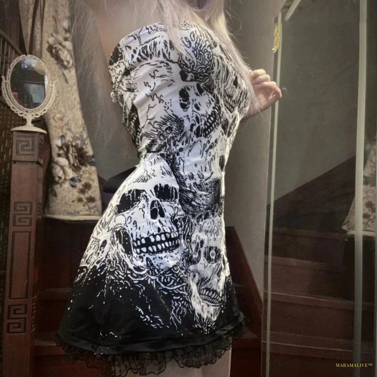 Maramalive™ Women Punk Skull Print Grunge Hottie Tube Dresses Goth Harajuku Backless Bow Femme Dress Corset Y2k Clothes 2000s Women's Skirt