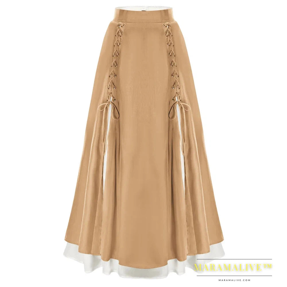 Maramalive™ Women Renaissance Maxi Skirt Elastic High Waist Dual Layer A-Line Skirt Steampunk Corset Skirt Long Dress A20