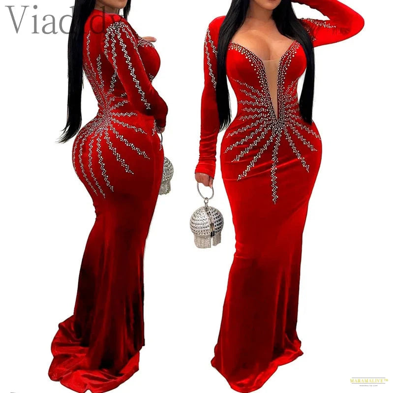 Maramalive™ Women Sexy Velvet Mesh Rhinestone V-Neck Floor-Length Evening Party Dress Long Sleeve Back Zipper Mermaid Dresses