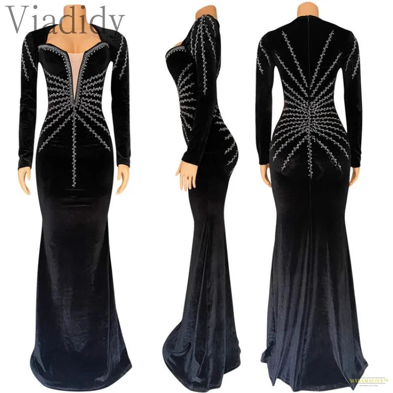 Maramalive™ Women Sexy Velvet Mesh Rhinestone V-Neck Floor-Length Evening Party Dress Long Sleeve Back Zipper Mermaid Dresses