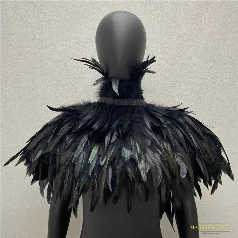 Maramalive™ Women's Feathered Gothic Punk Shoulder Cape – Unusual Handmade Party Dress Coat for Halloween & Clubbing