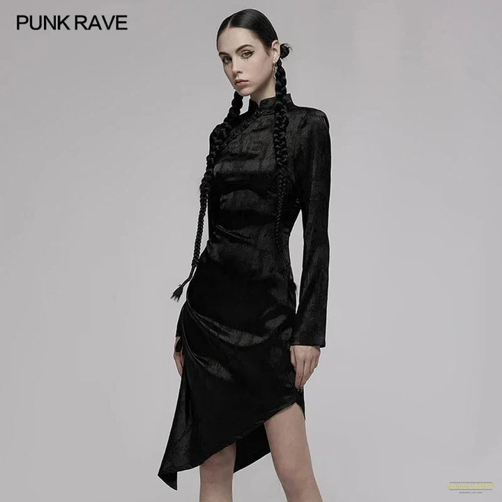 Maramalive™ Women's Gothic Pointed Hem Collar Slim Long Dresses Concealed Buckles Jacquard Brocade Folds Black Dress