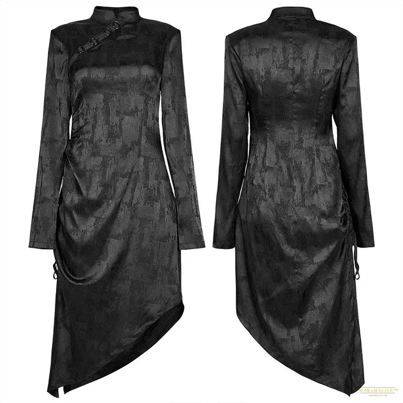 Maramalive™ Women's Gothic Pointed Hem Collar Slim Long Dresses Concealed Buckles Jacquard Brocade Folds Black Dress