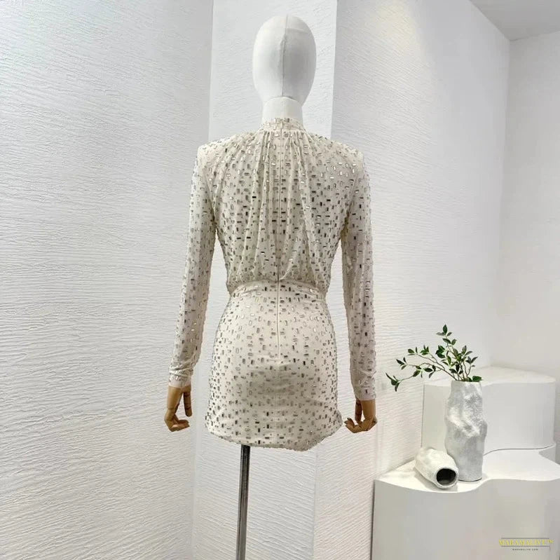 Maramalive™ Women's Half High Collar Pleat Diamonds Pressed Slim Mini Dress Milky White Long Sleeve Summer New Arrival 2024