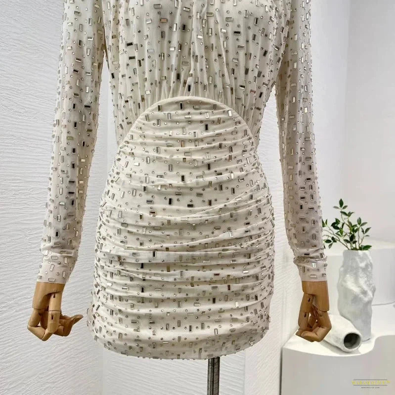 Maramalive™ Women's Half High Collar Pleat Diamonds Pressed Slim Mini Dress Milky White Long Sleeve Summer New Arrival 2024