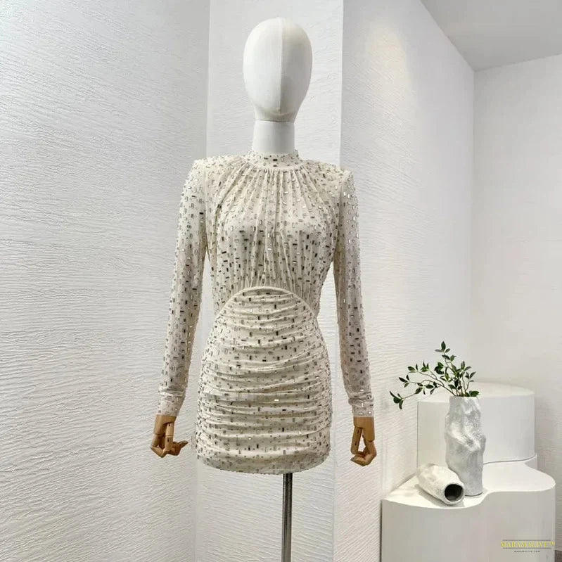 Maramalive™ Women's Half High Collar Pleat Diamonds Pressed Slim Mini Dress Milky White Long Sleeve Summer New Arrival 2024