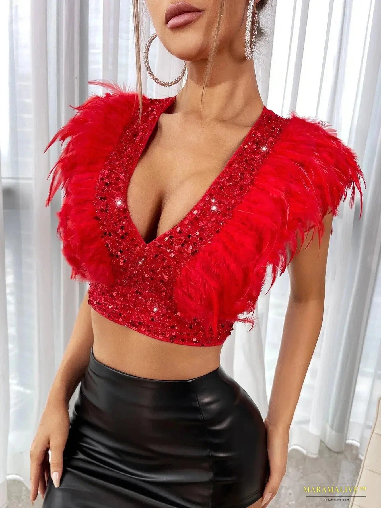 Maramalive™ Women's Sparkling Red Sequin Crop Top with Fuzzy Trim - Exclusive Handmade Swift Party Outfit