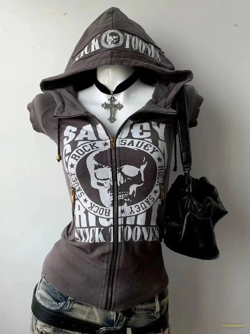 Maramalive™ Y2k Aesthetic Hoodie Skull Punk Graphic Grunge 2000s Clothes Hot Girl High Street Zipper Female Streetwear Goth Hooded