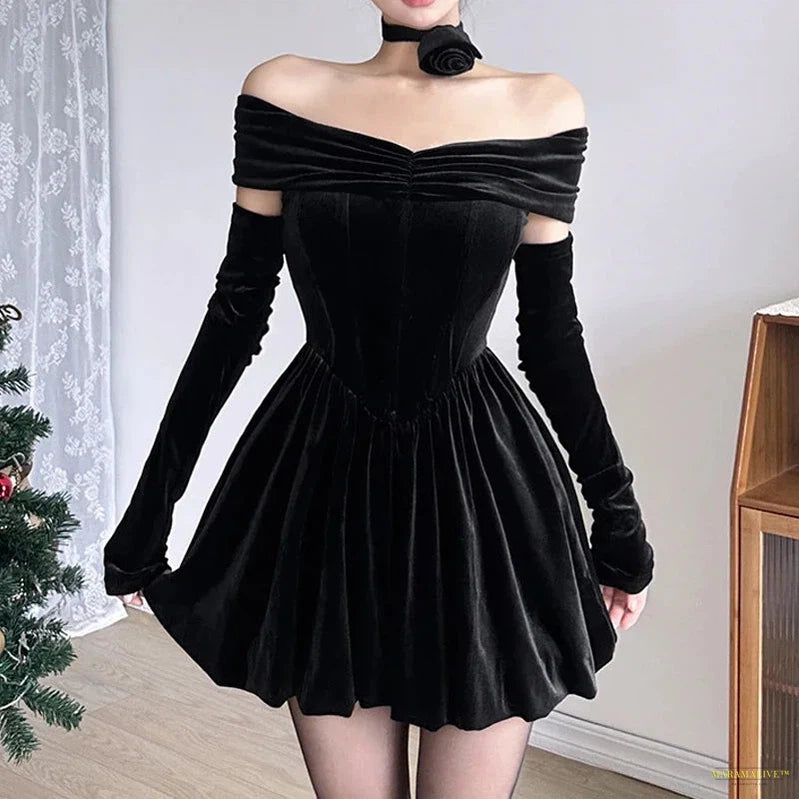 Maramalive™ Y2k Elegant Gothic Velvet Mini Dresses Women Ruched Off Shoulder A-line Partywear Bodycon Dress Formal Corset Outfits Vestidos