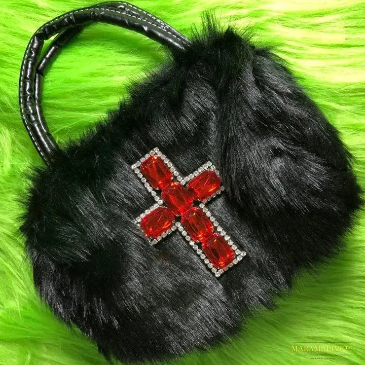 Maramalive™ Y2k Gothic Handbag: Soft Plush Black Cross Shoulder Bag in Harajuku Style - Punk Hip Hop Biker Crossbody Bag