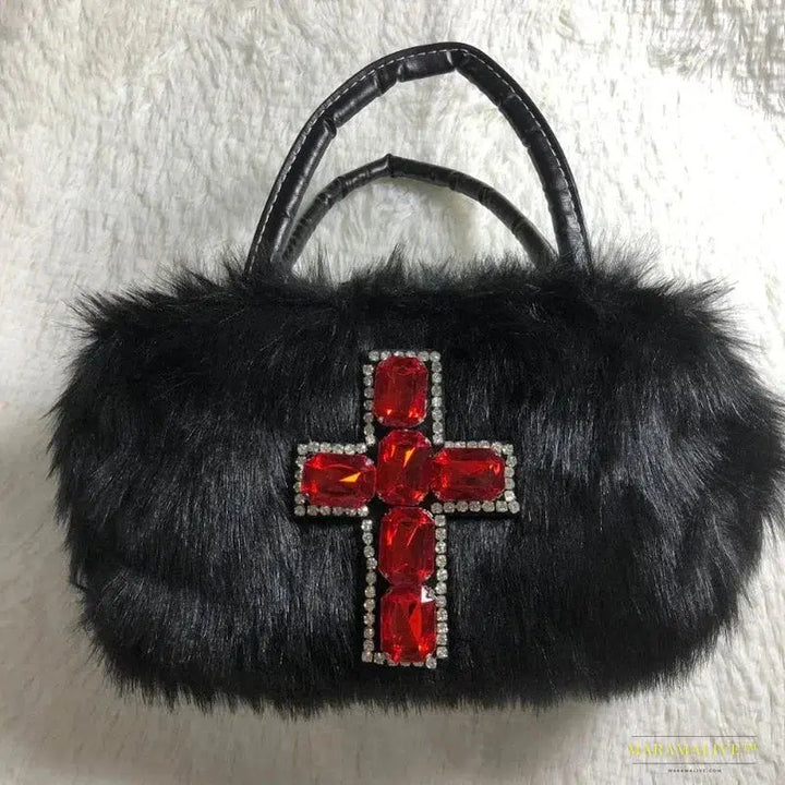 Maramalive™ Y2k Gothic Handbag: Soft Plush Black Cross Shoulder Bag in Harajuku Style - Punk Hip Hop Biker Crossbody Bag