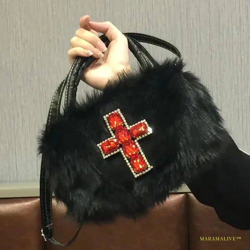 Maramalive™ Y2k Gothic Handbag: Soft Plush Black Cross Shoulder Bag in Harajuku Style - Punk Hip Hop Biker Crossbody Bag