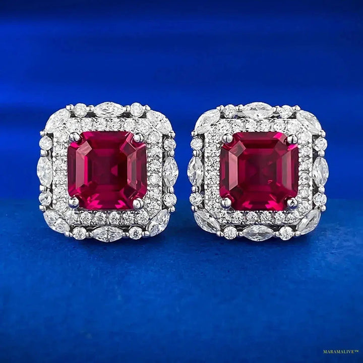 Maramalive™Vintage 925 Sterling Silver Asscher Cut 7*7 MM Ruby High Carbon Diamond Gemstone Studs Earrings Jewelry Free Shipping