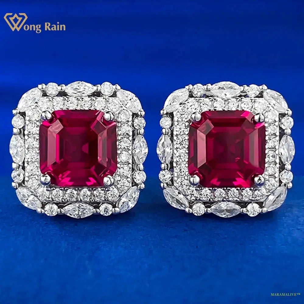 Maramalive™Vintage 925 Sterling Silver Asscher Cut 7*7 MM Ruby High Carbon Diamond Gemstone Studs Earrings Jewelry Free Shipping