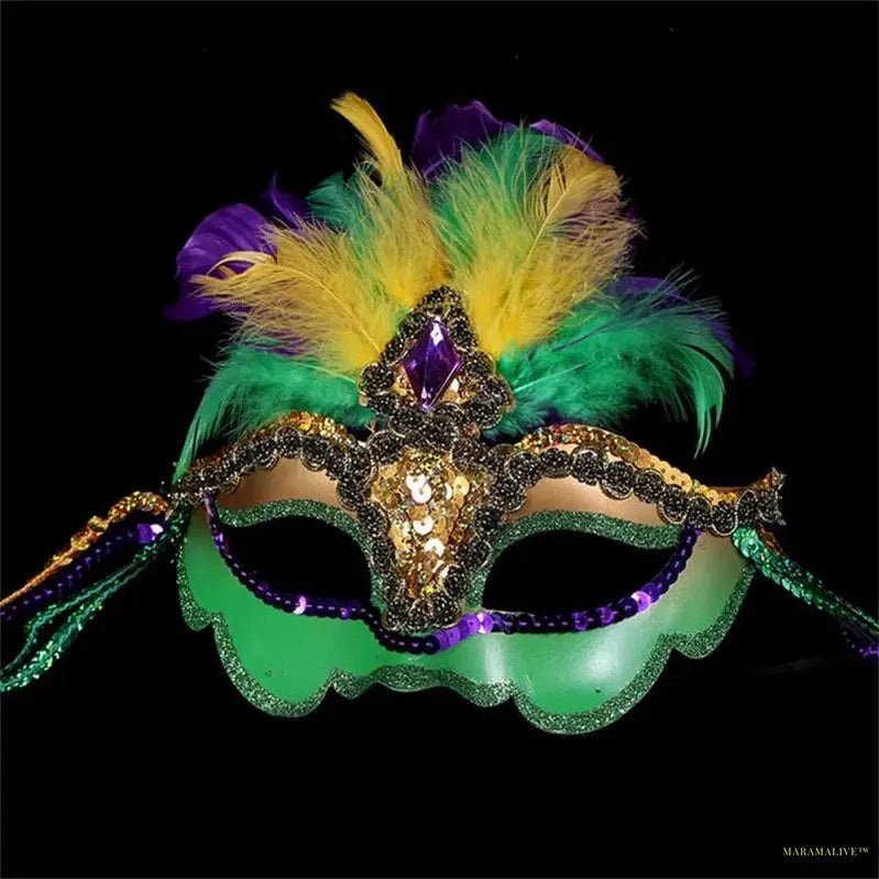 Masquerade Mask Women Peacock Feather Mask Mardi Gras Mask Fashion Blue Green Metal Shiny Rhinestone Christmas Party