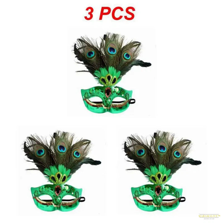 Masquerade Mask Women Peacock Feather Mask Mardi Gras Mask Fashion Blue Green Metal Shiny Rhinestone Christmas Party