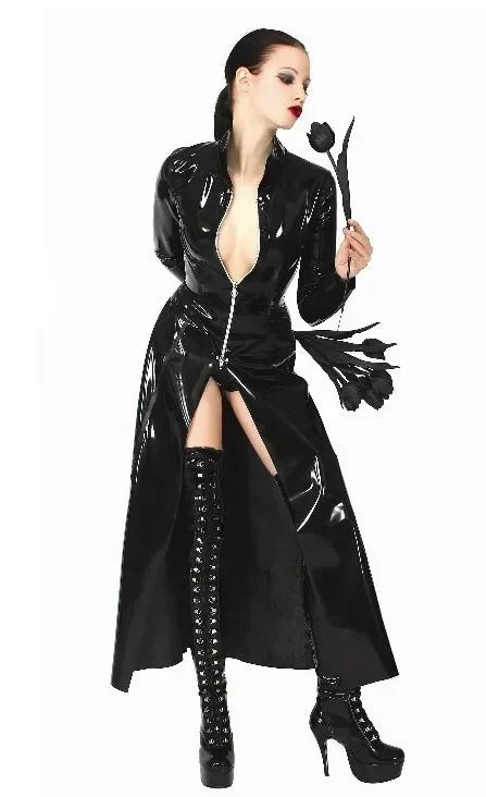 Matrix-Inspired Gothic Faux Leather Wetlook Long Coat - Unisex Punk Trench Costume with Zipper & Slim Fit Long Sleeves