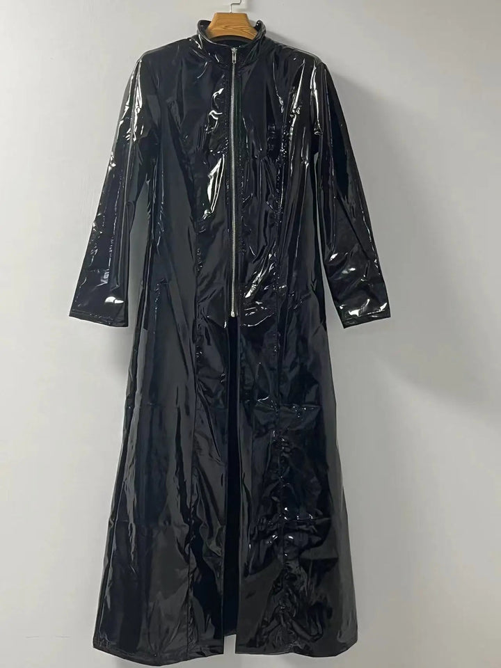 Matrix-Inspired Gothic Faux Leather Wetlook Long Coat - Unisex Punk Trench Costume with Zipper & Slim Fit Long Sleeves