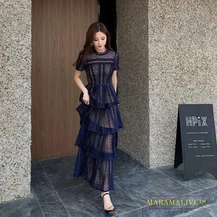 Maxi Dresses for Women 2023 New Summer Dark Blue Exquisite Lace Stitching Short Sleeve Multi-layer Cake Dress Slimming Dress