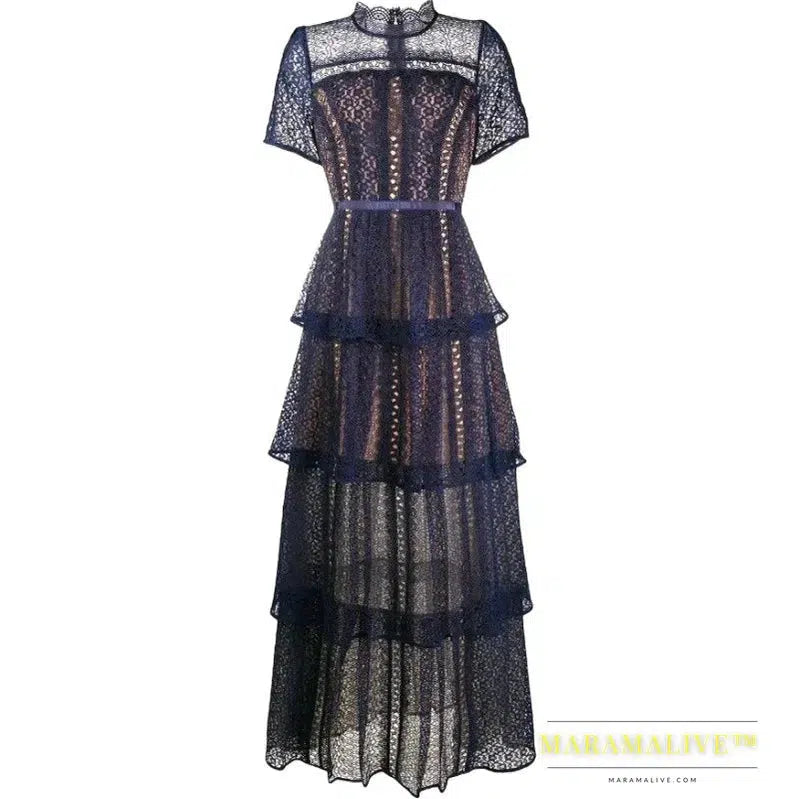 Maxi Dresses for Women 2023 New Summer Dark Blue Exquisite Lace Stitching Short Sleeve Multi-layer Cake Dress Slimming Dress