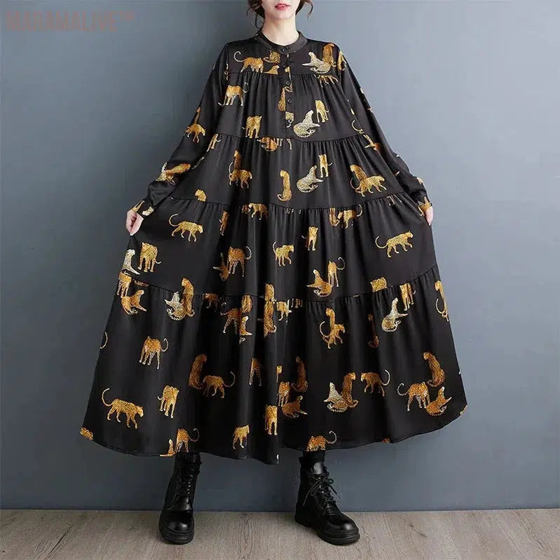 Maxi Length Dress Tiger Animal Pattern Long Length Tiered Loose Fit Plus Size Satin Cheetah Dress