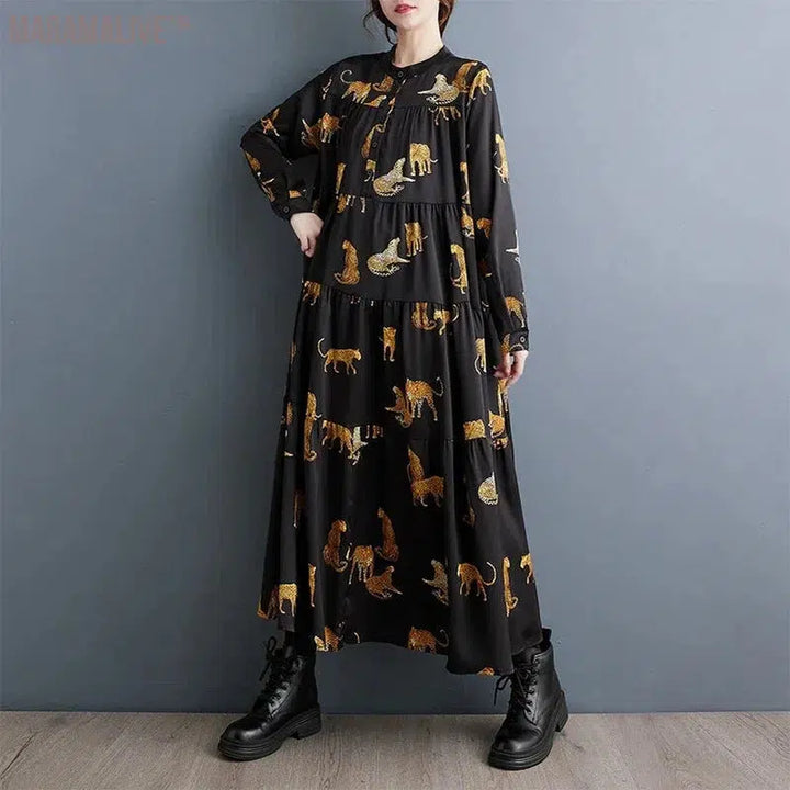 Maxi Length Dress Tiger Animal Pattern Long Length Tiered Loose Fit Plus Size Satin Cheetah Dress