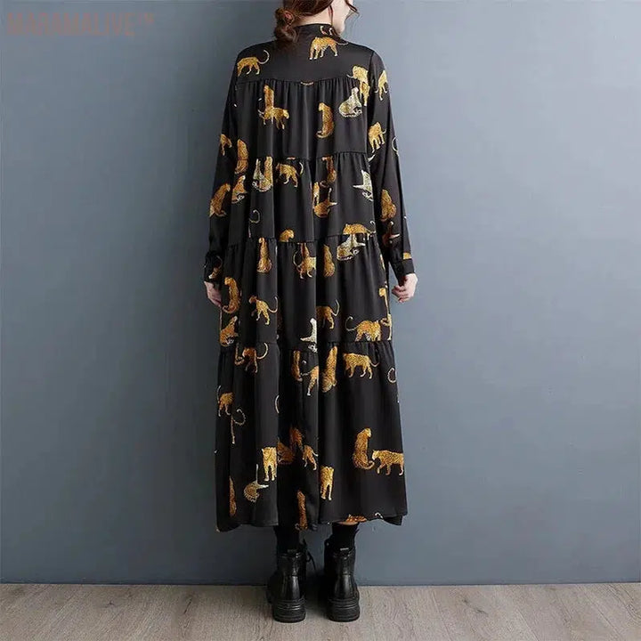 Maxi Length Dress Tiger Animal Pattern Long Length Tiered Loose Fit Plus Size Satin Cheetah Dress