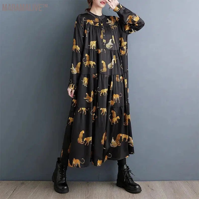 Maxi Length Dress Tiger Animal Pattern Long Length Tiered Loose Fit Plus Size Satin Cheetah Dress