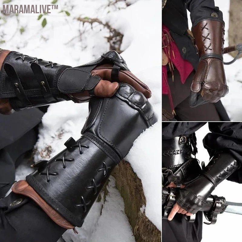 Medieval Armor Motorcycle Gloves Wide Cuffs Bracers Men Steampunk Warrior Gauntlet Renaissance Knights Templar Leather Lace-up