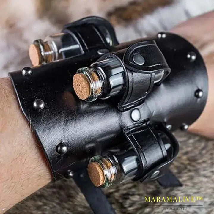 Medieval Dark Sorcerer Witch Cosplay Accessory Leather Arm Warmers Viking Healer Alchemist Gauntlet Bracer Steampunk Armor Cuffs