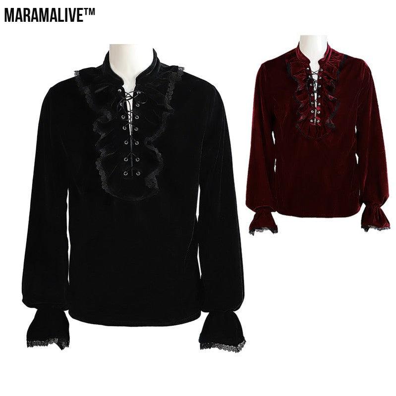 Medieval Gothic Style Loose Dress Velvet Material Vintage Long Sleeve Shirt Men