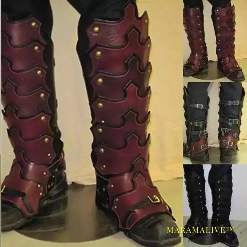 Medieval Larp PU Leather Leg Armor Gothic Greaves Gaiter Viking Knight Costume Kit Cosplay Rider Shoe Boot Cover For Men