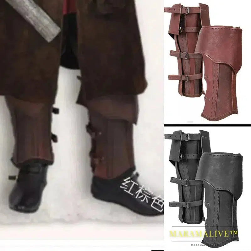 Medieval Leather Leg Armor Viking Knight Pirate Greaves Half Chaps Gothic Shoe Boot Cover Cosplay Costume Accessory Men Gaiter