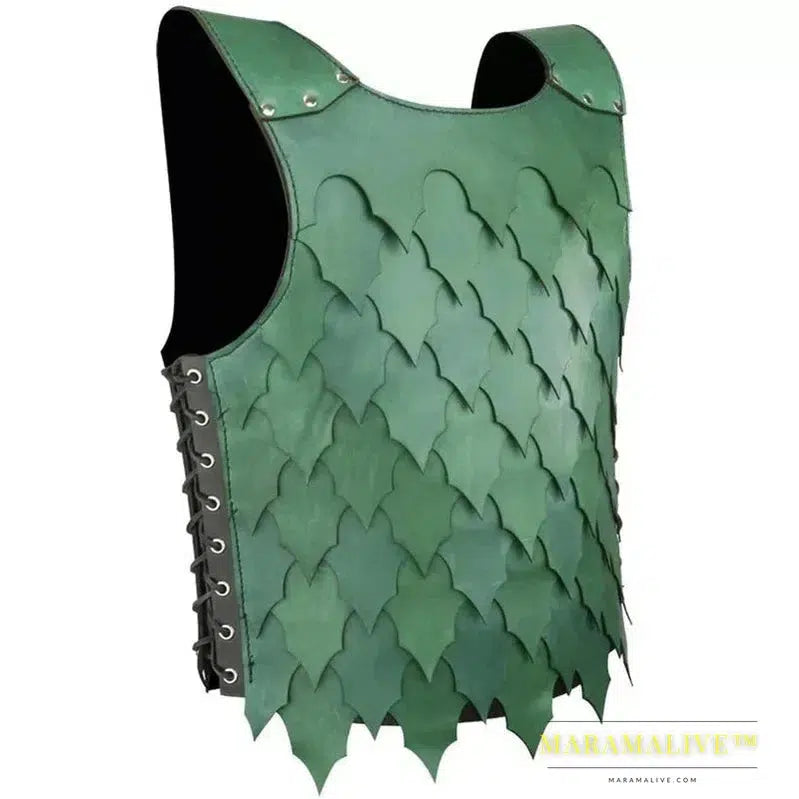 Medieval PU Leather Scale Vest Armor Larp Knight Warrior Costume Green Doublet Jerkin Cuirass Cosplay Outfit SCA Tabard For Men