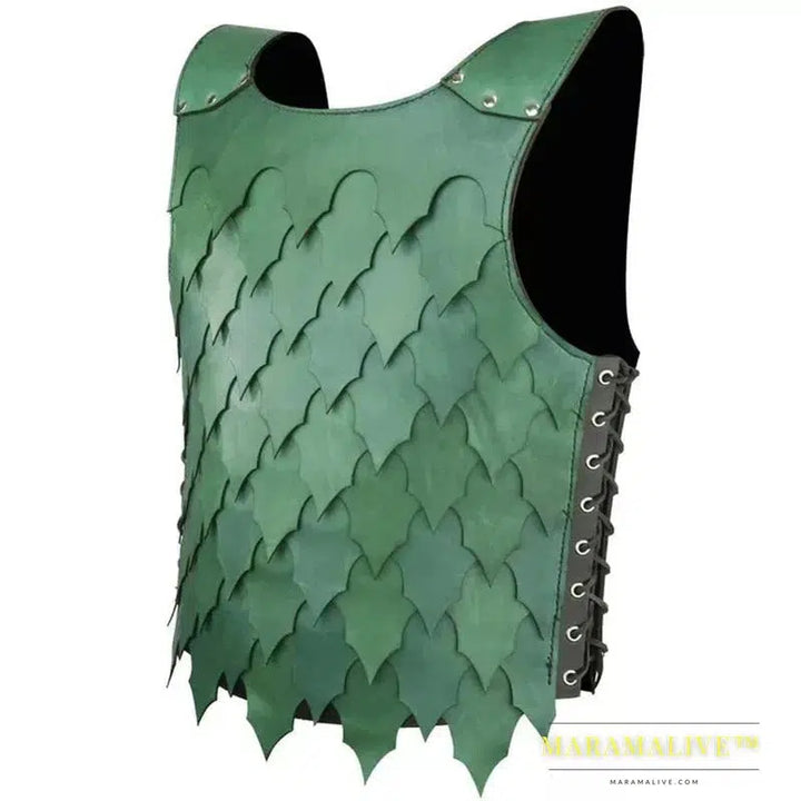 Medieval PU Leather Scale Vest Armor Larp Knight Warrior Costume Green Doublet Jerkin Cuirass Cosplay Outfit SCA Tabard For Men