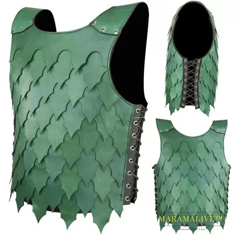 Medieval PU Leather Scale Vest Armor Larp Knight Warrior Costume Green Doublet Jerkin Cuirass Cosplay Outfit SCA Tabard For Men