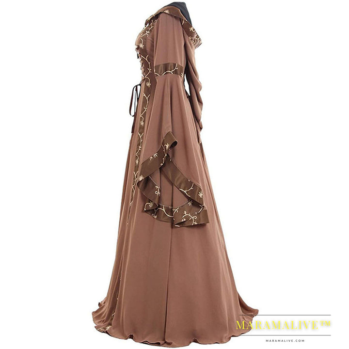 Medieval Retro Hooded Square Neck Tie Dress