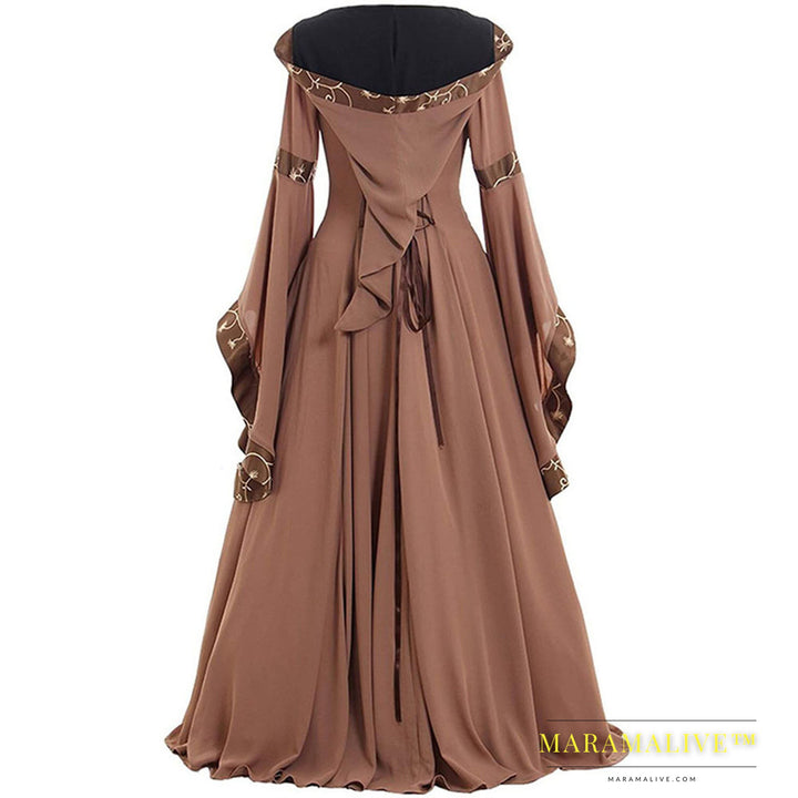 Medieval Retro Hooded Square Neck Tie Dress